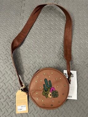 Western Catch by Studios Winslow Cantina Brown Embroidered Cactus Crossbody Bag